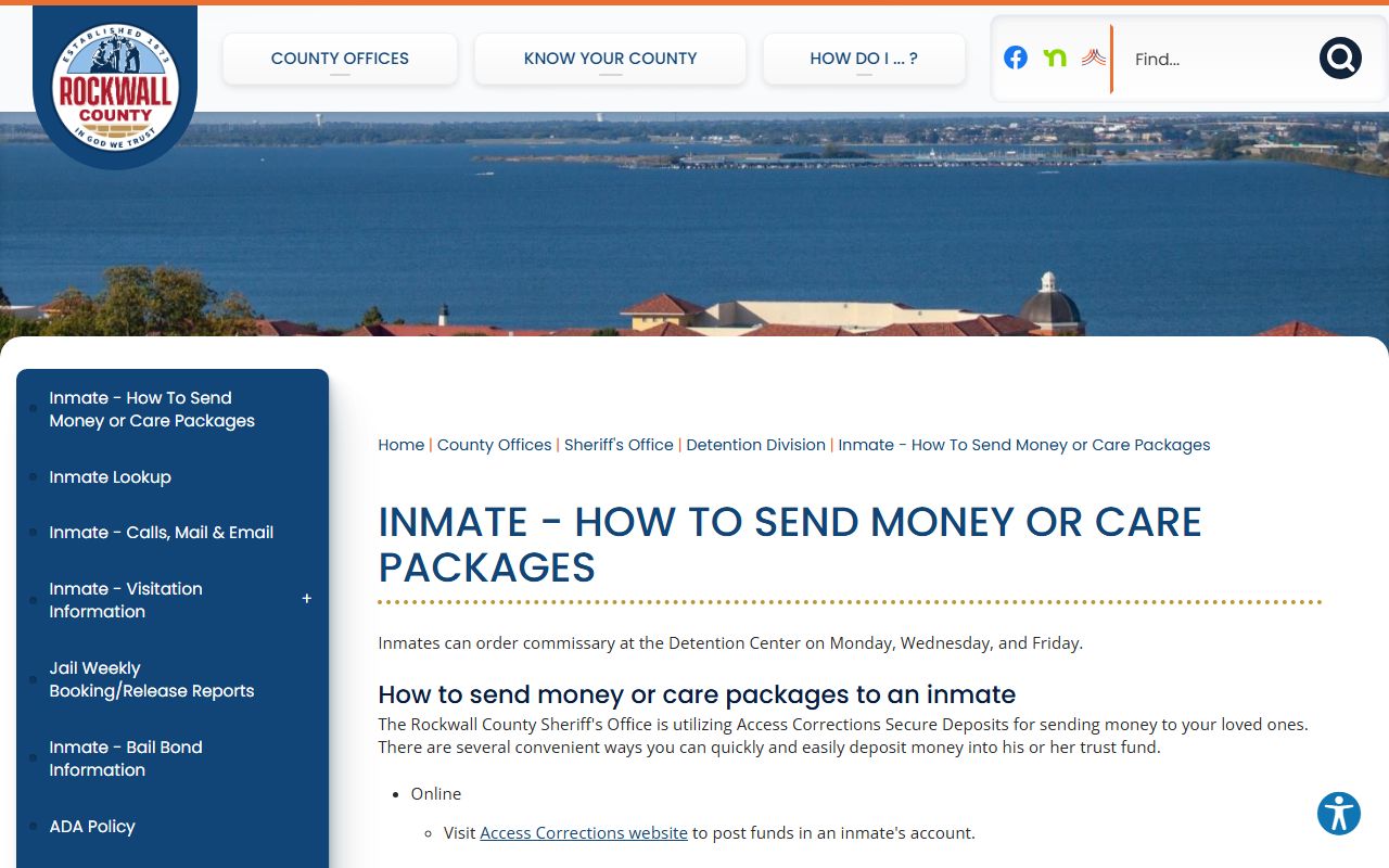 Rockwall County inmate money and care package instructions page