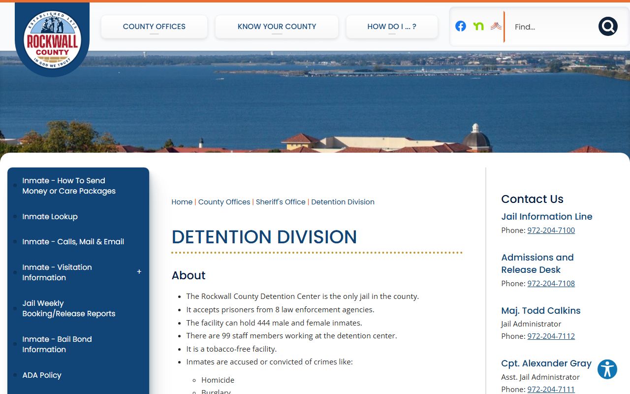 Rockwall County Detention Division overview page